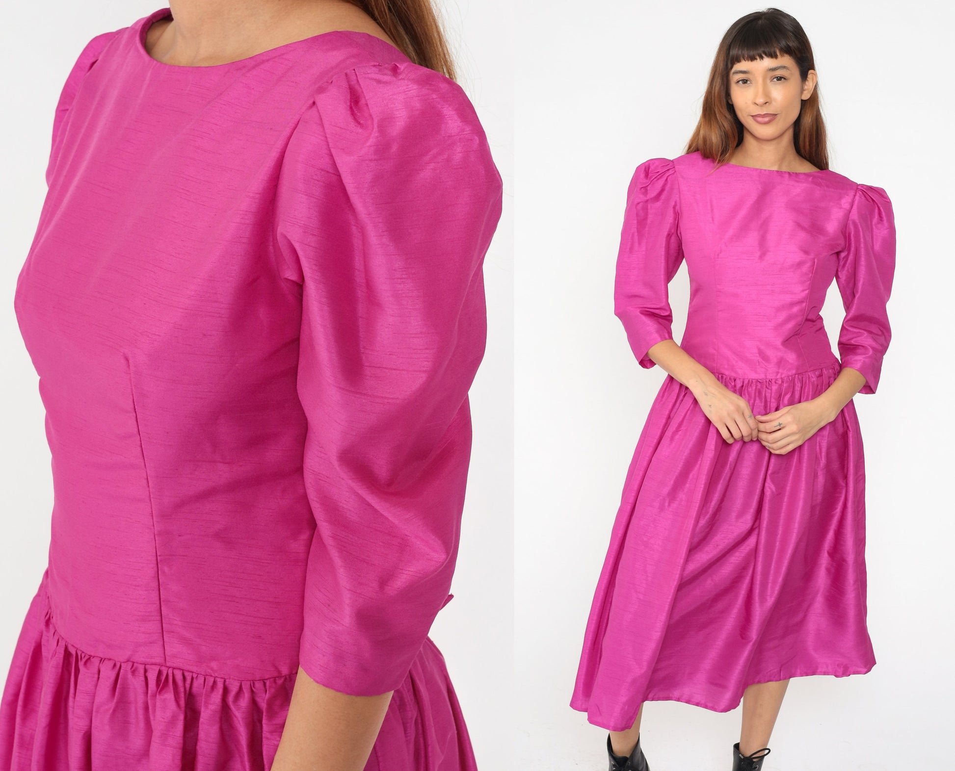 80s Fuchsia Pink Puff Sleeve Midi Dress Drop Waist Full Skirt Small