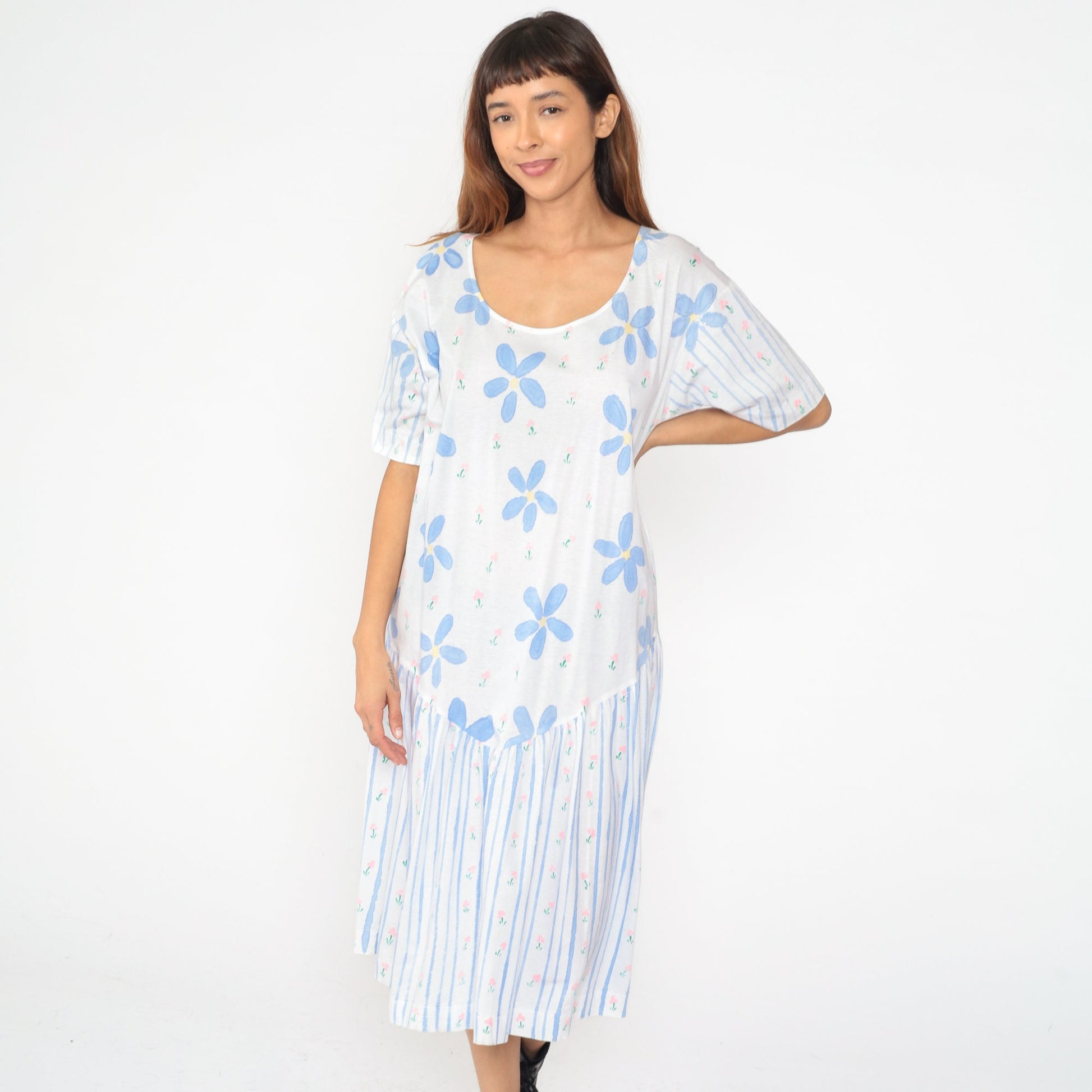 90s Periwinkle Floral Striped Midi Dress Shift Waist Short Sleeve Medium Large