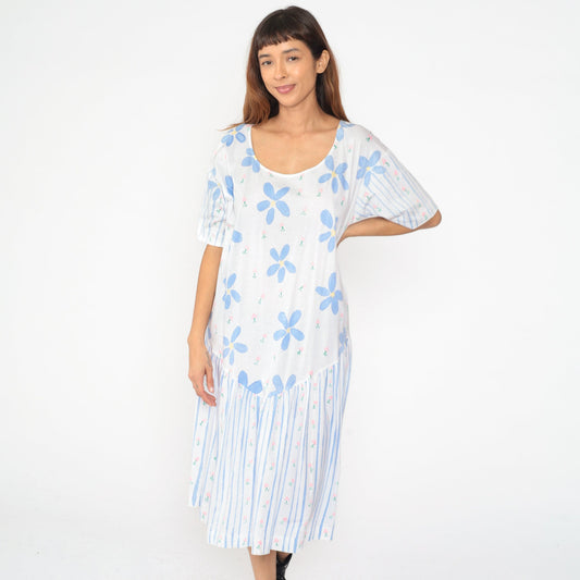 90s Periwinkle Floral Striped Midi Dress Shift Waist Short Sleeve Medium Large