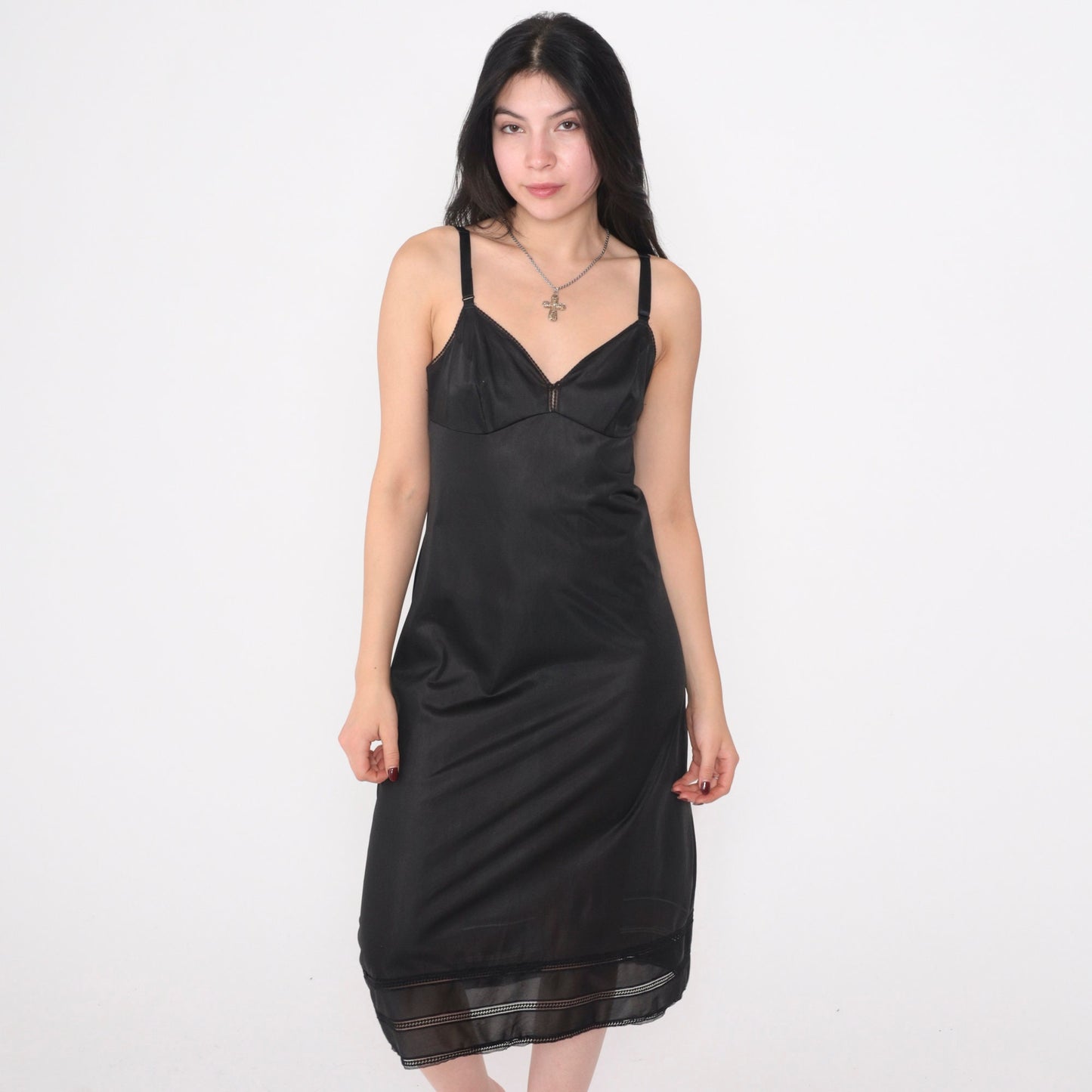 80s Black Nylon Slip Dress Empire Waist Midi Spaghetti Strap Small