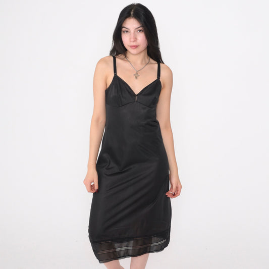 80s Black Nylon Slip Dress Empire Waist Midi Spaghetti Strap Small
