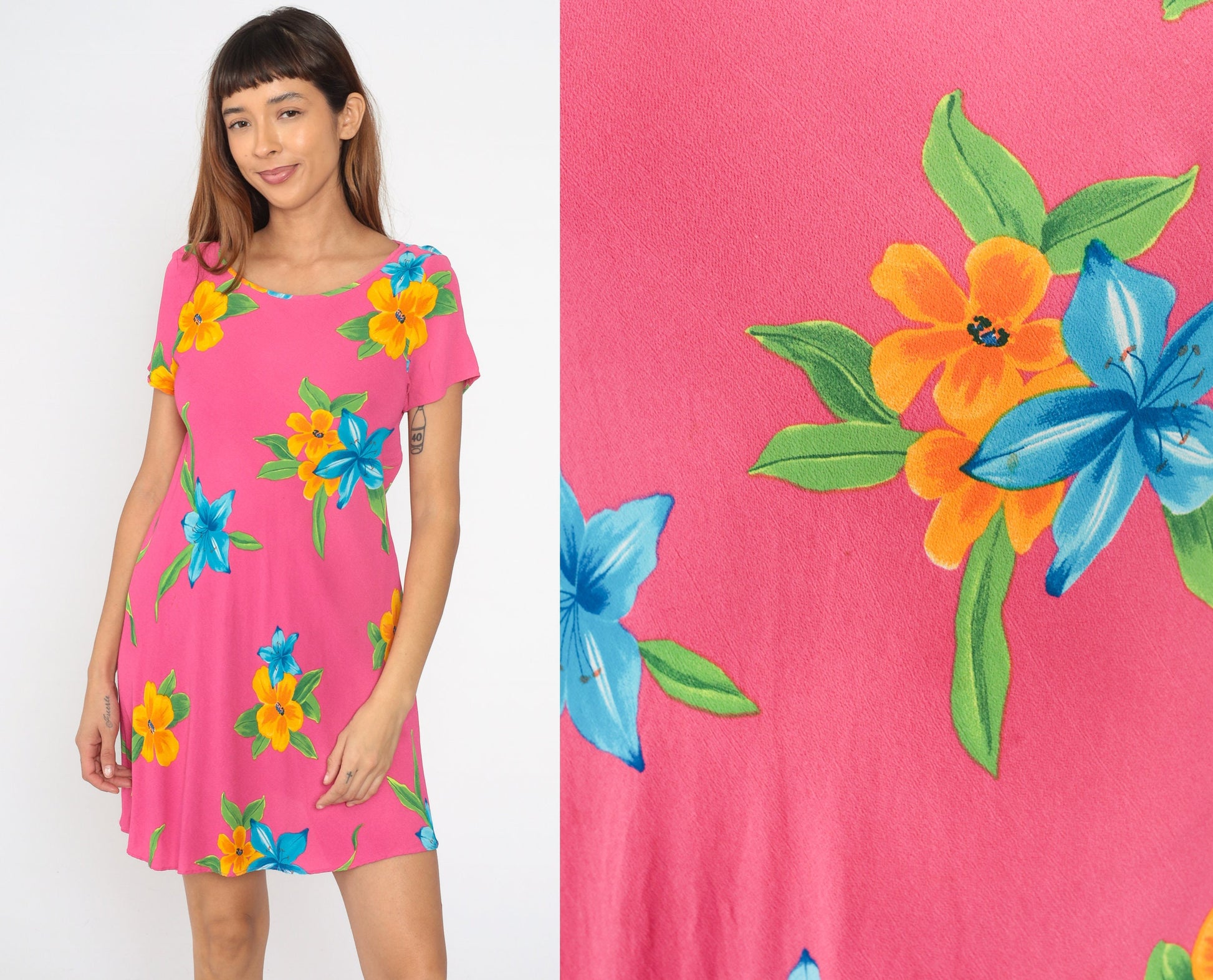 90s Casual Corner Floral Mini Dress Pink Tropical Flower Print Small S