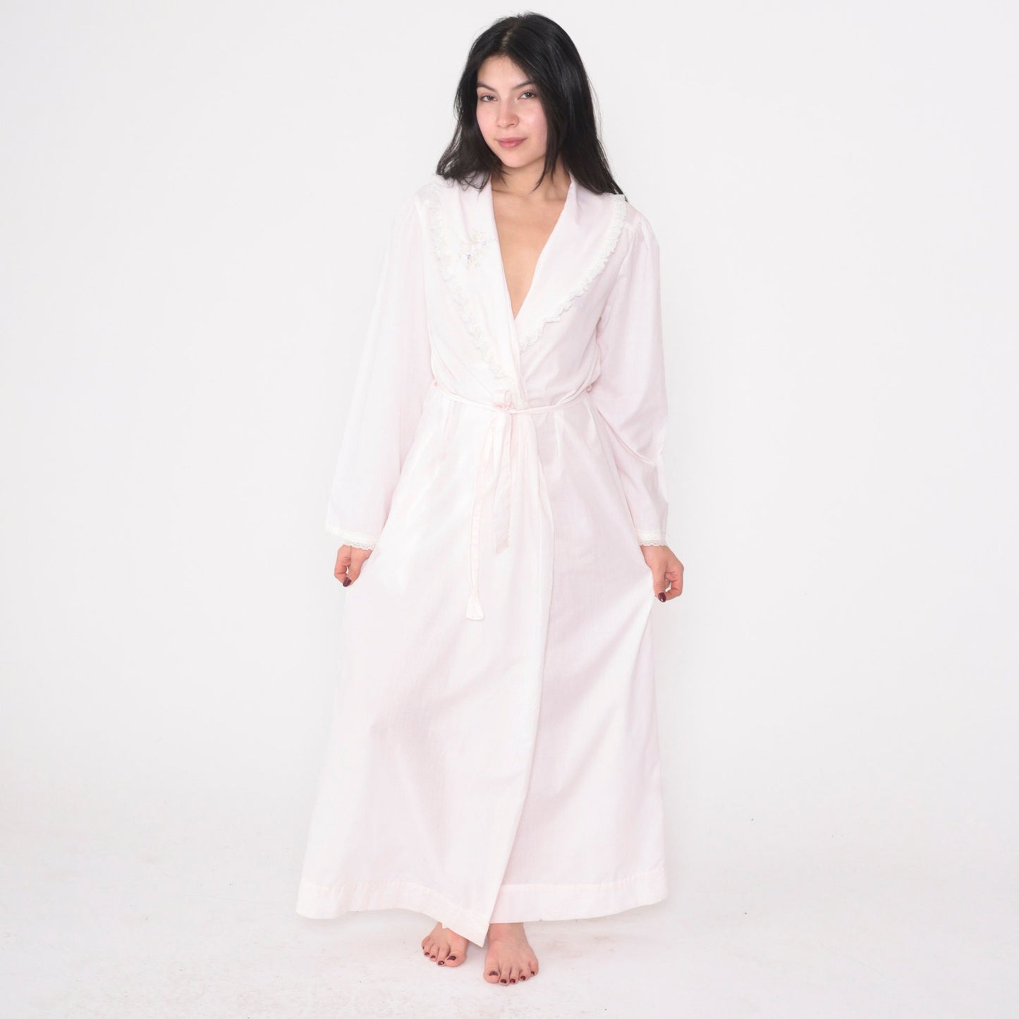70s Lewis Frimel Pink Maxi Lingerie Robe Lace Floral Embroidered Tie Front Small