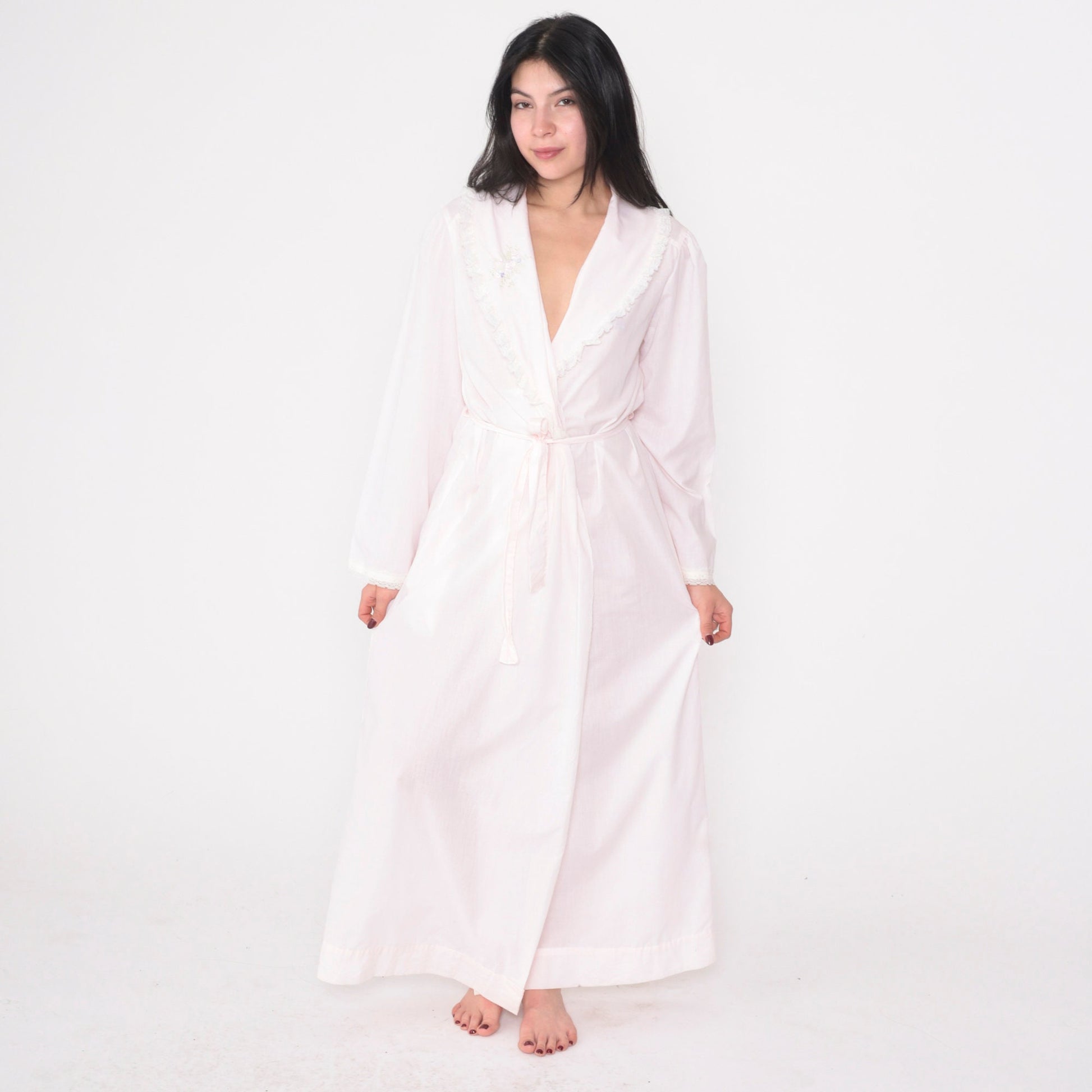 70s Lewis Frimel Pink Maxi Lingerie Robe Lace Floral Embroidered Tie Front Small