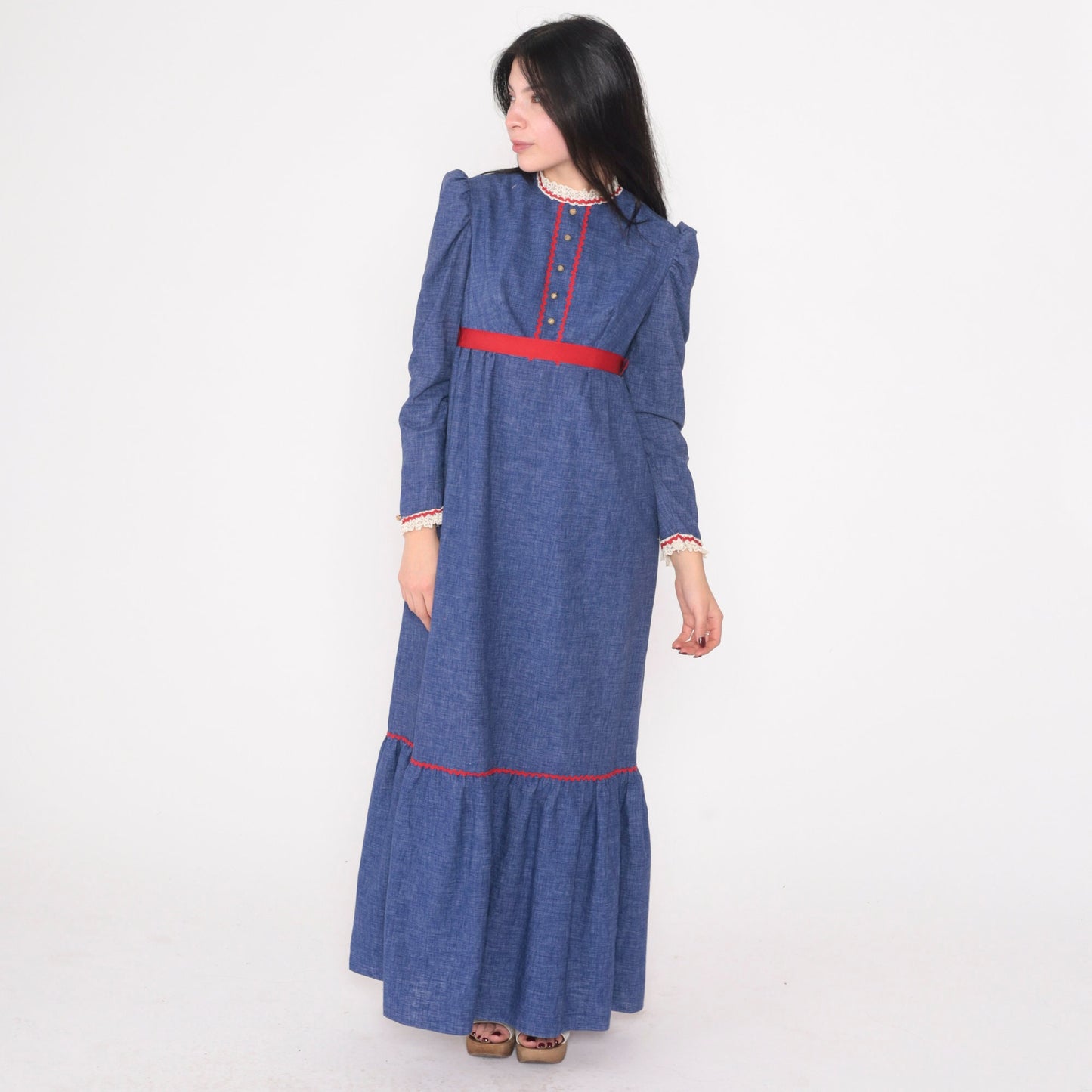 70s Prairie Maxi Dress Blue Red Lace Trim Puff Sleeve Empire Waist Extra Small
