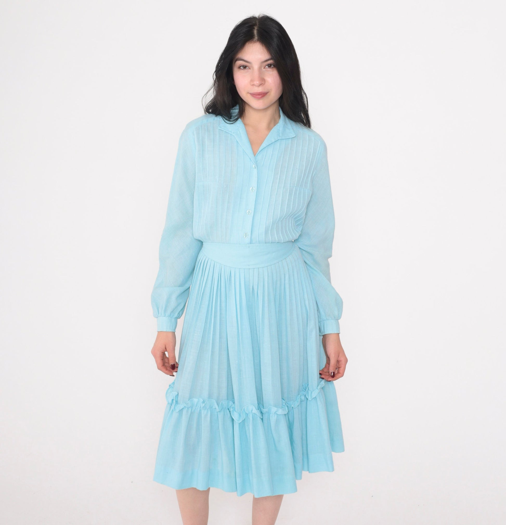 80s Neiman Marcus Blue Shirtwaist Midi Dress Puff Sleeve High Waist Small