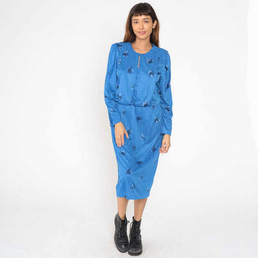80s Blue Brushstroke Midi Dress Puff Sleeve High Waist Blouson Large