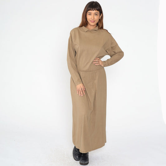 90s Brass Plum Khaki Cotton Maxi Dress Collared Long Sleeve Medium