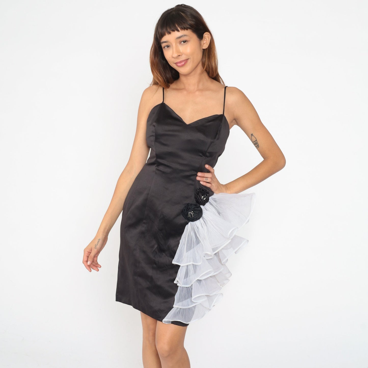 80s Black Organza Ruffle Mini Dress Sweetheart Neckline Rhinestone Rosettes Small