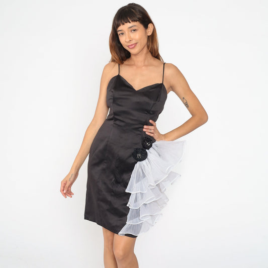 80s Black Organza Ruffle Mini Dress Sweetheart Neckline Rhinestone Rosettes Small