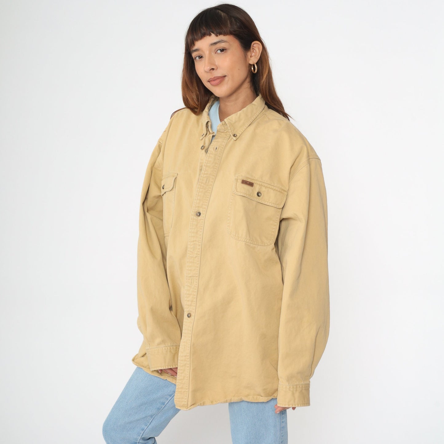 90s Carhartt Cotton Work Shirt Beige Button-Up Long Sleeve 2XL