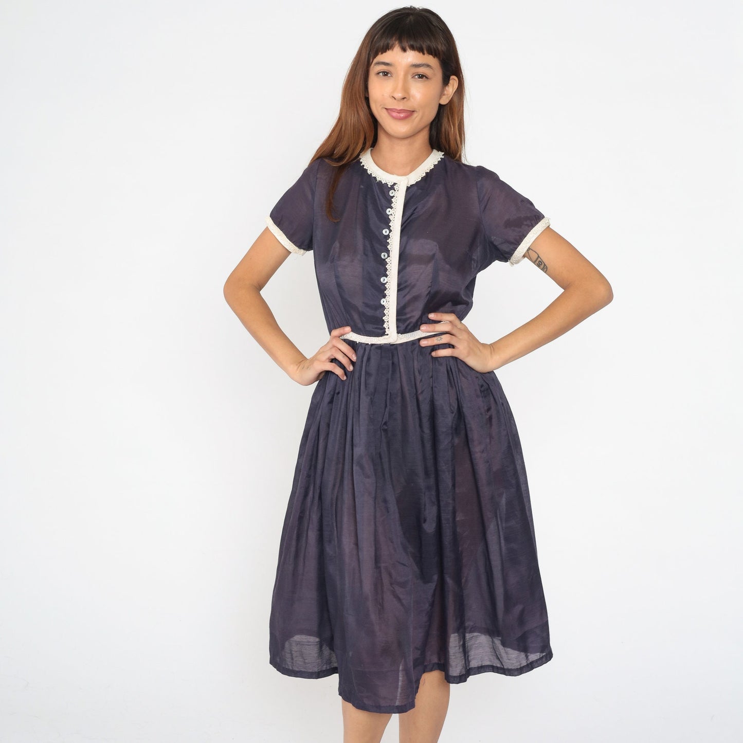 1950s Navy Sheer Button-Up Shirtdress Lace Trim Pleated Skirt Tea Length Small S