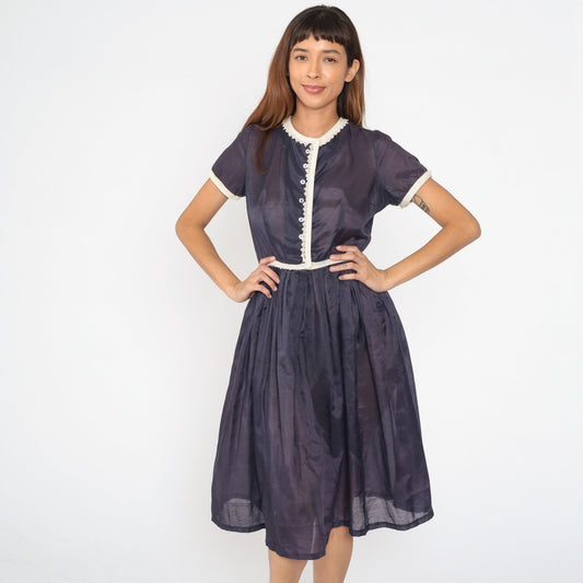 1950s Navy Sheer Button-Up Shirtdress Lace Trim Pleated Skirt Tea Length Small S