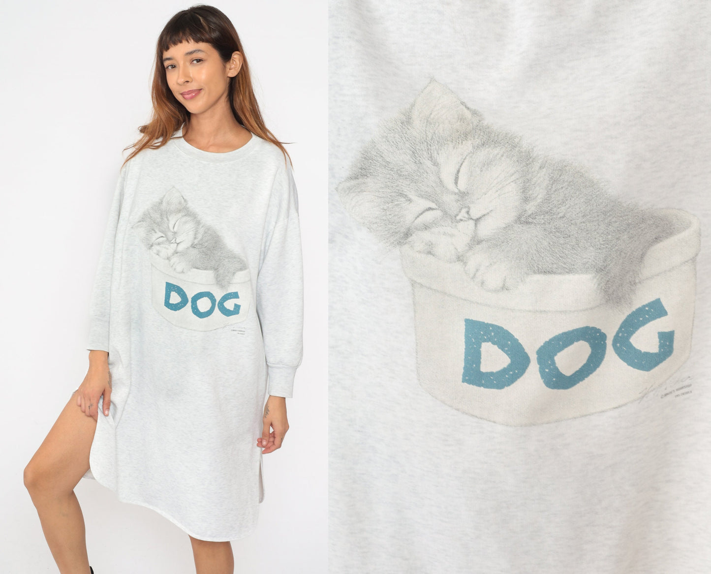 90s Kitten Pajama Dress Sweatshirt Nightgown Cat Graphic Grey Medium