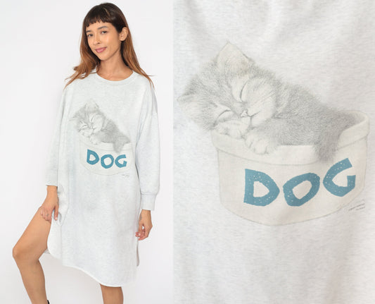 90s Kitten Pajama Dress Sweatshirt Nightgown Cat Graphic Grey Medium