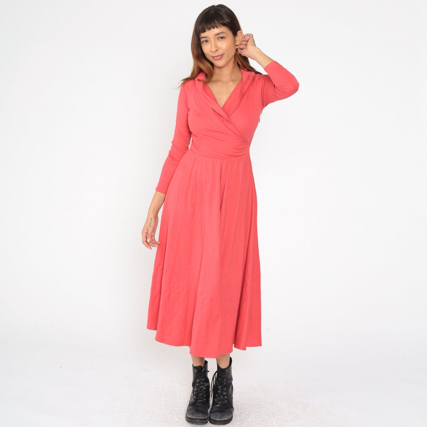 90s Coral Wrap Midi Dress Deep V Neck Long Sleeve High Waist Small S