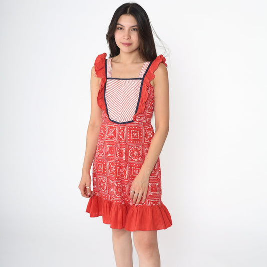 70s Red Bandana Print Mini Sundress Chevron Bib Tie-Back Sleeveless 2XS