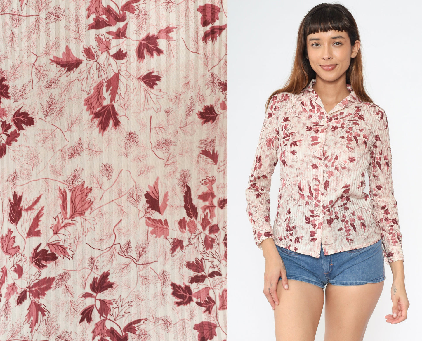 70s Leaf Print Button-Up Blouse Burgundy Pink Cream Long Sleeve Small