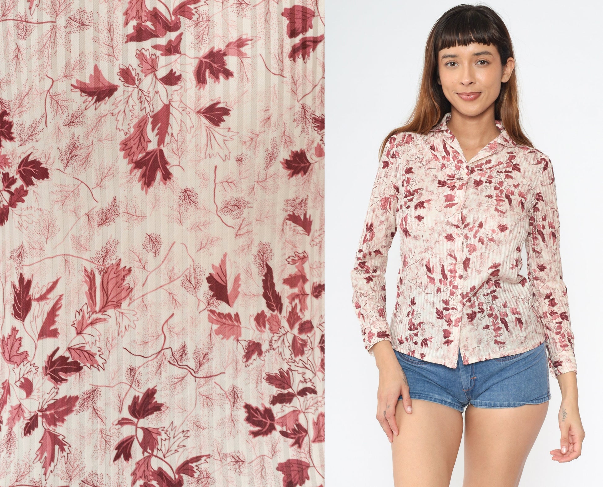 70s Leaf Print Button-Up Blouse Burgundy Pink Cream Long Sleeve Small