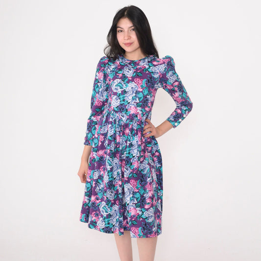80s Purple Floral Midi Dress Puff Sleeve Basque Waist Ruffle Neckline XXS