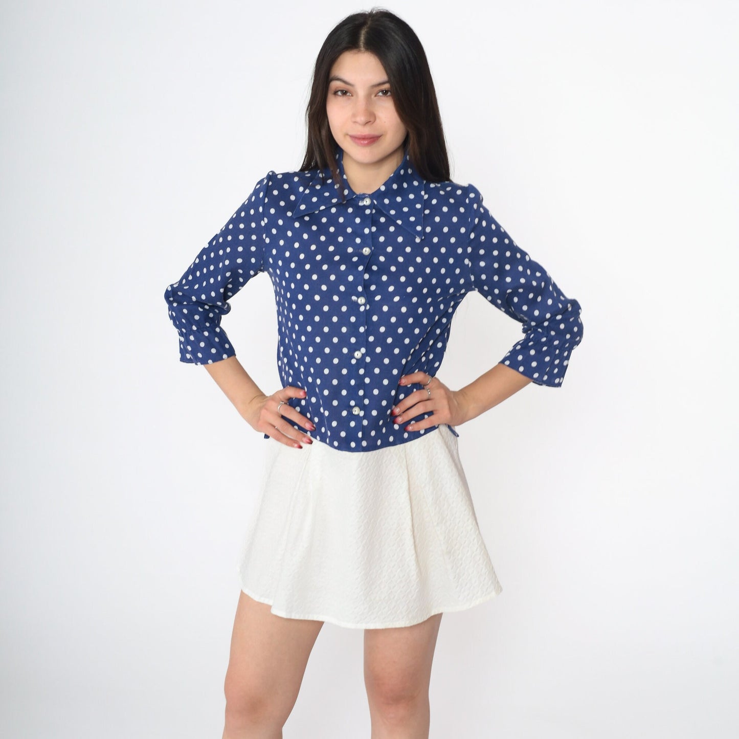 60s Mod Polka Dot Mini Dress Navy Blue Button-Up Dagger Collar Small S