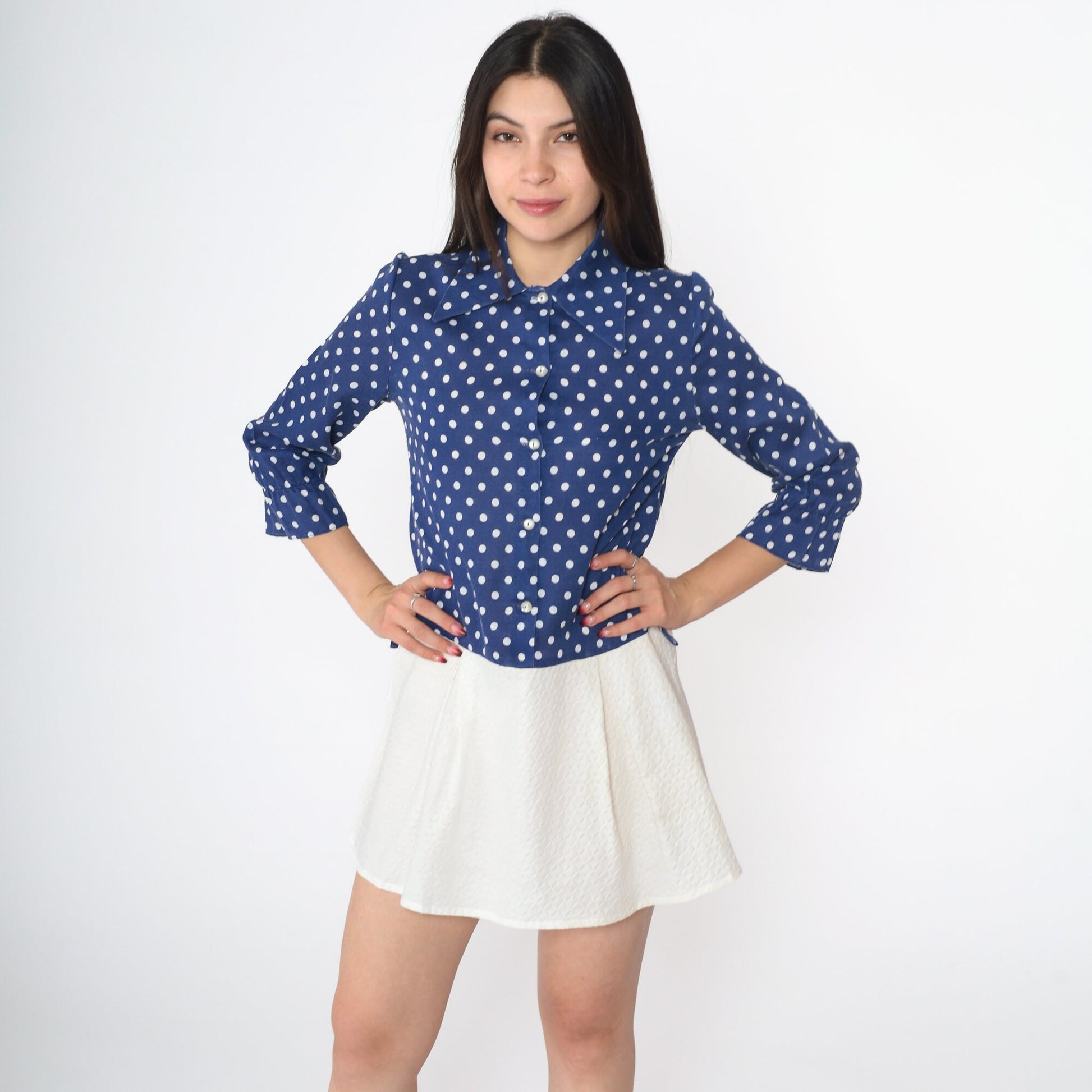 60s Mod Polka Dot Mini Dress Navy Blue Button-Up Dagger Collar Small S