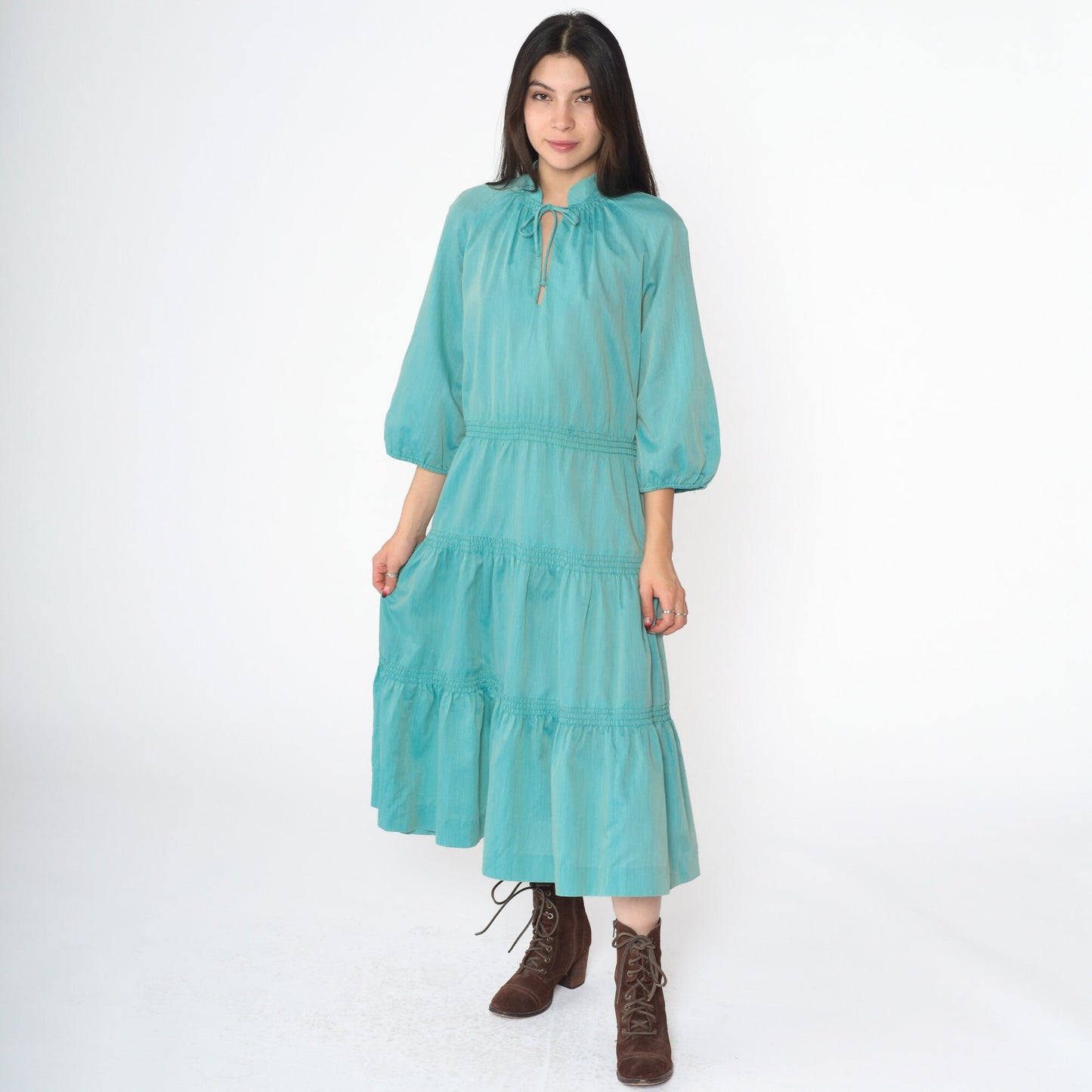 60s Peasant Midi Dress Aqua Blue Keyhole Mandarin Collar Tiered Raglan Medium Large