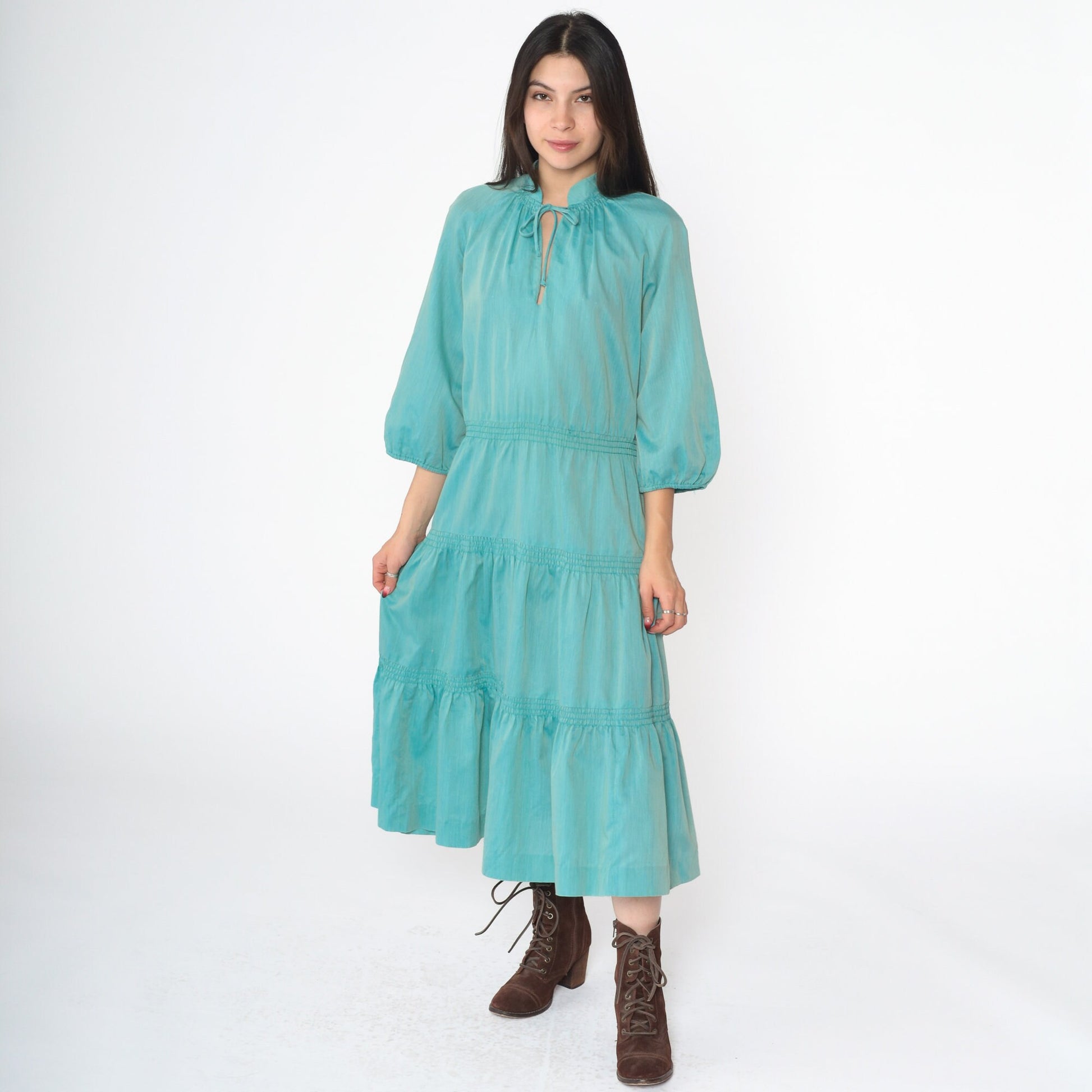60s Peasant Midi Dress Aqua Blue Keyhole Mandarin Collar Tiered Raglan Medium Large