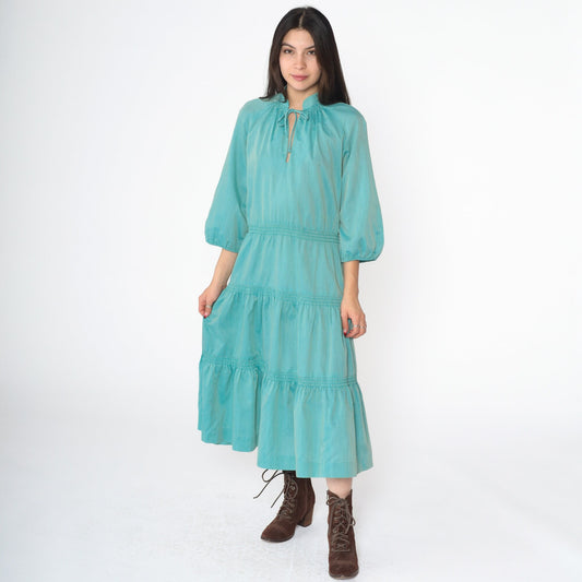 60s Peasant Midi Dress Aqua Blue Keyhole Mandarin Collar Tiered Raglan Medium Large