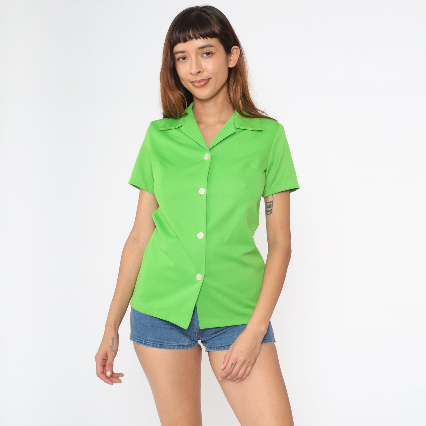 70s Lime Green Button-Up Blouse Short Sleeve Collar Small S