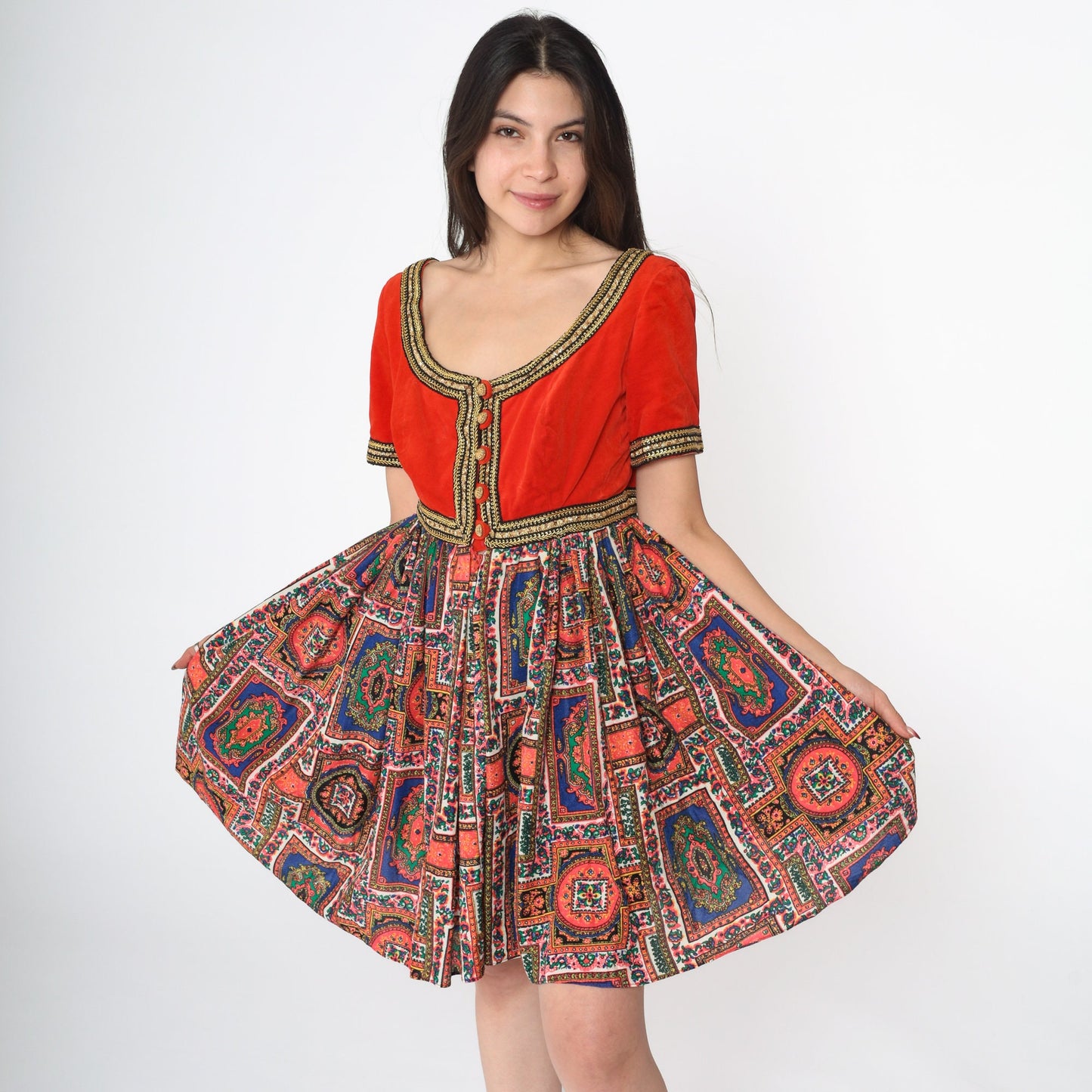 60s Velvet Mini Dress Orange Gold Trim Psychedelic Medallion Empire Waist Small