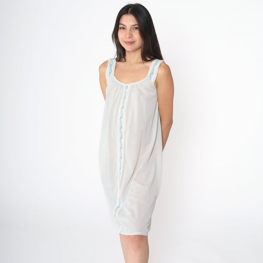70s Baby Blue Nylon Nightgown Lace Embroidered Mini Slip Sleeveless Small