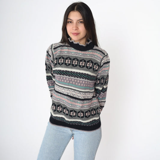 80s Black Geometric Puff Sleeve Sweater Funnel Neck Knit Small