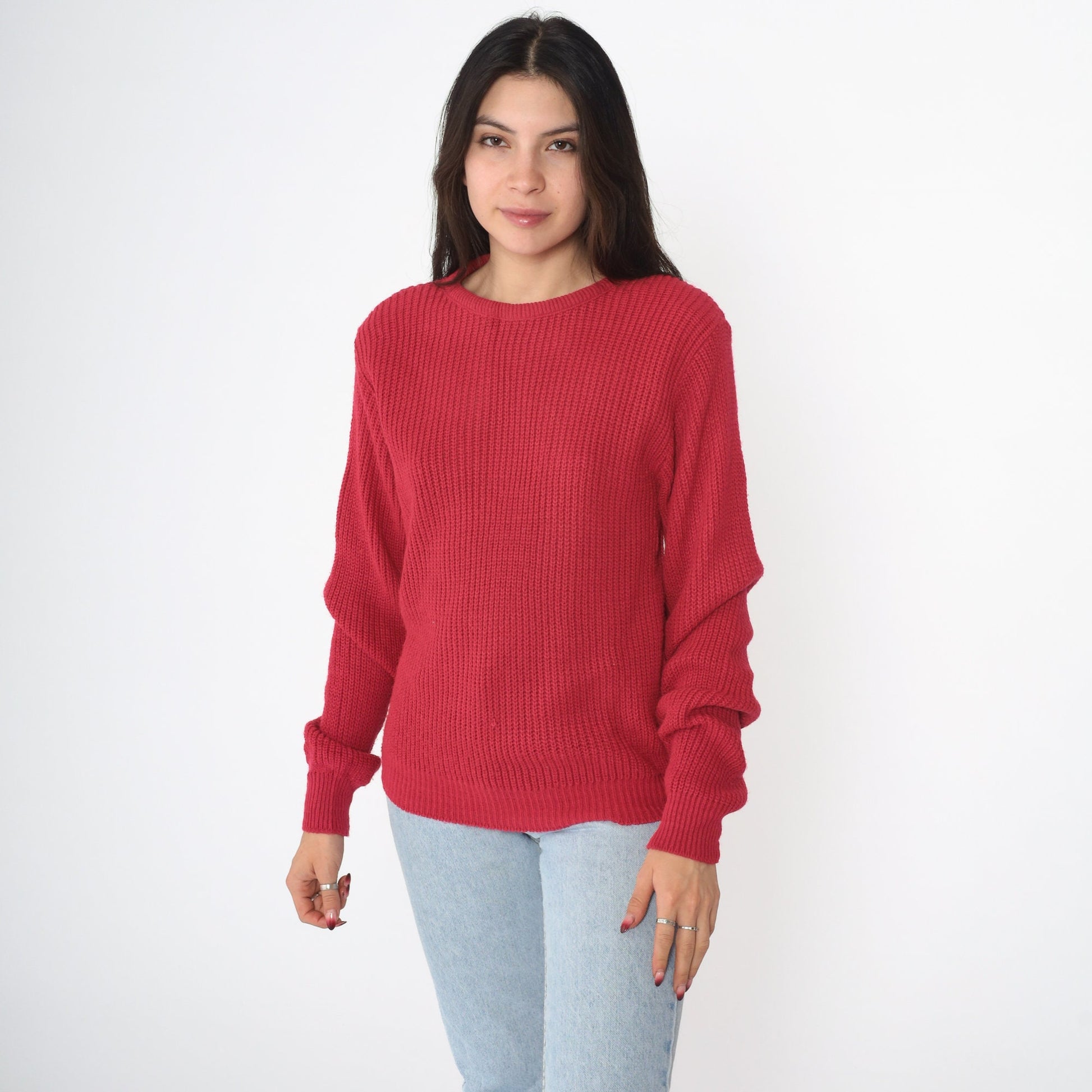 90s Red Ribbed Knit Crewneck Sweater Acrylic Pullover Extra Small XS