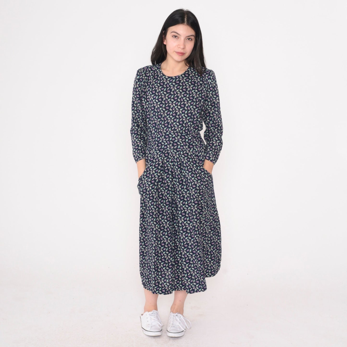 90s Navy Floral Midi Dress High Waisted 3/4 Sleeve Pleated Pockets Small