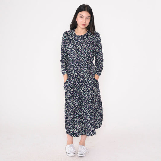 90s Navy Floral Midi Dress High Waisted 3/4 Sleeve Pleated Pockets Small