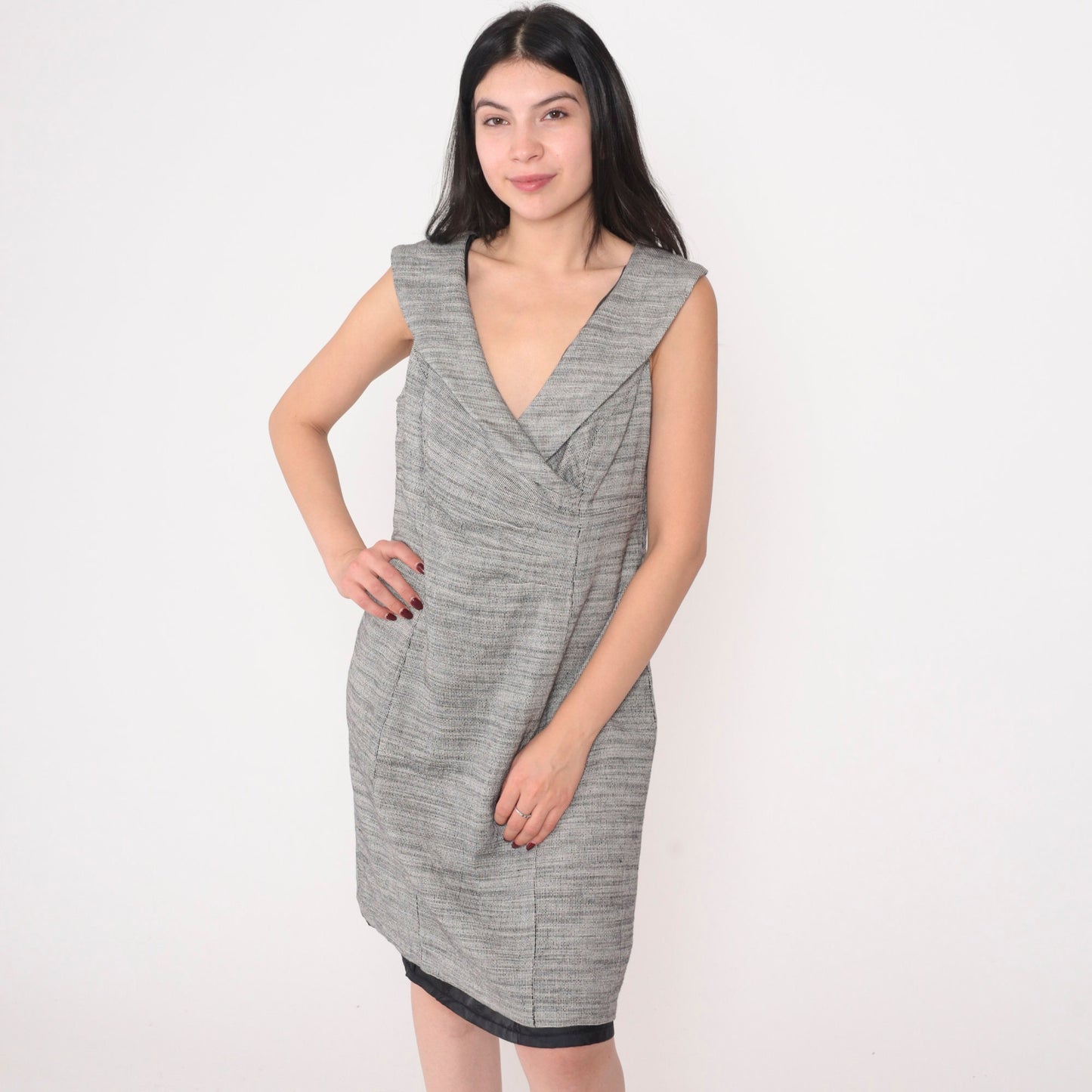 90s AB Studio Black White Woven Mini Dress Empire Waist Wide Collar Large 14