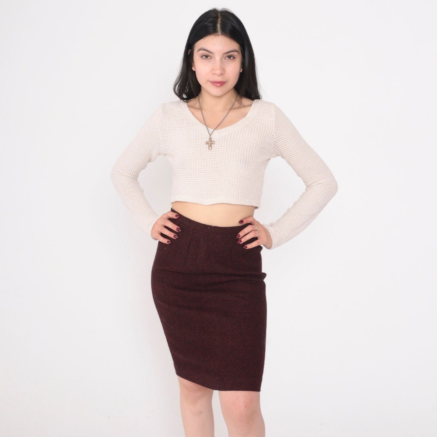 90s Calvin Klein Wool Pencil Skirt Red Black Mini High Waist Extra Small