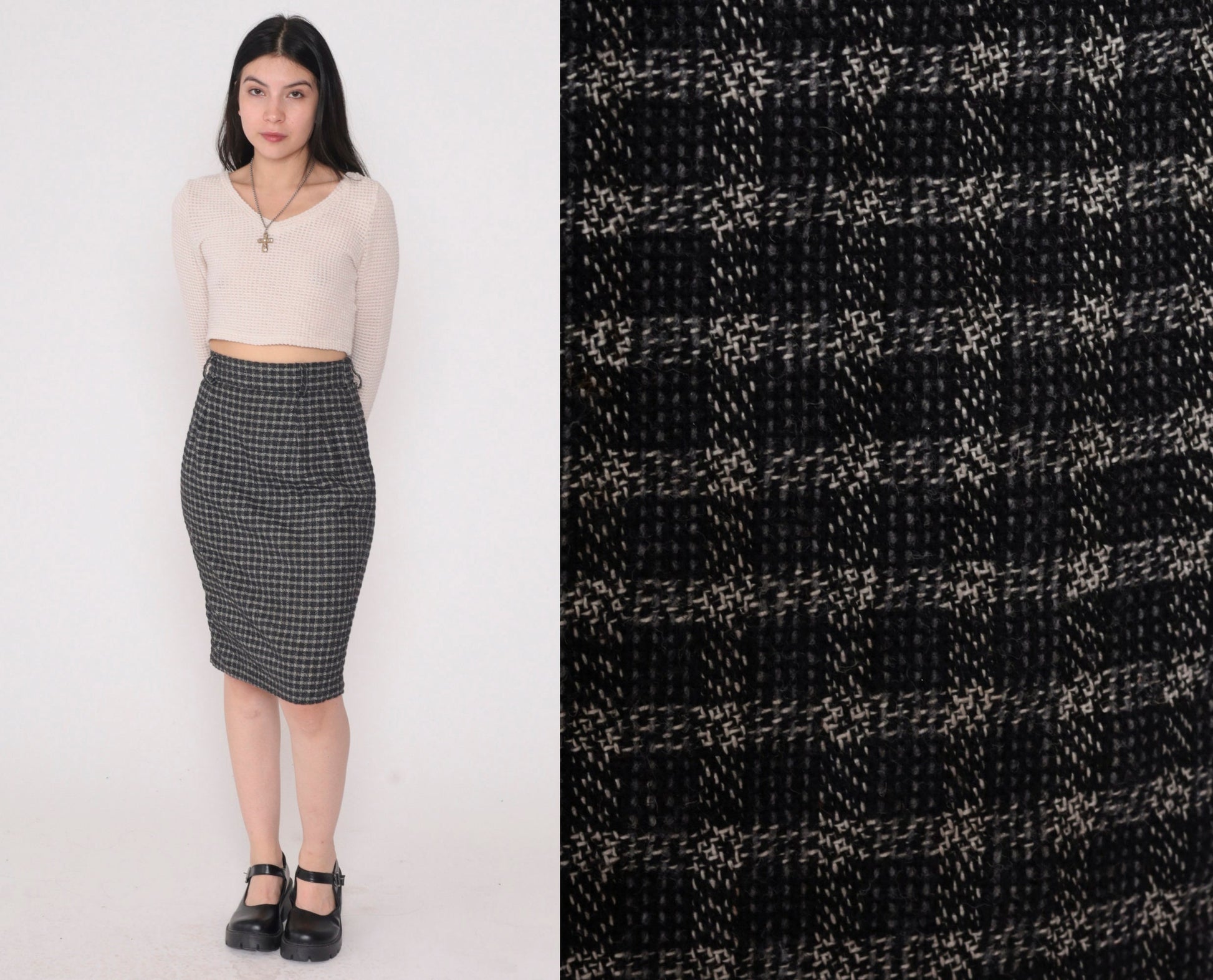 90s Black Grey Checkered Pencil Skirt High Waisted Mini Extra Small