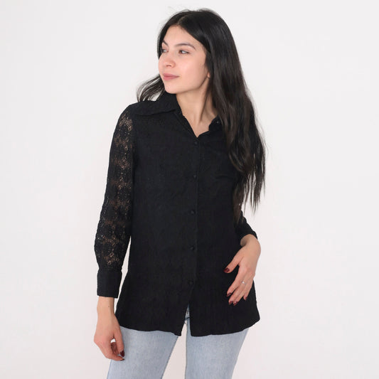 80s Black Lace Blouse Long Sleeve Button Up Floral Cutout Top Small