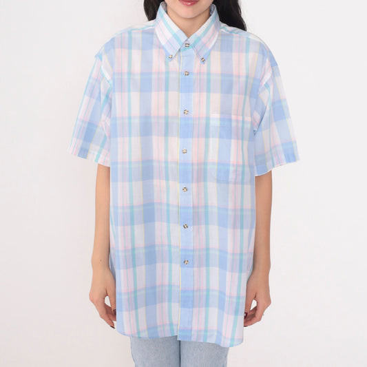 90s Plaid Button-Up Shirt Short Sleeve Collared Blouse Large L