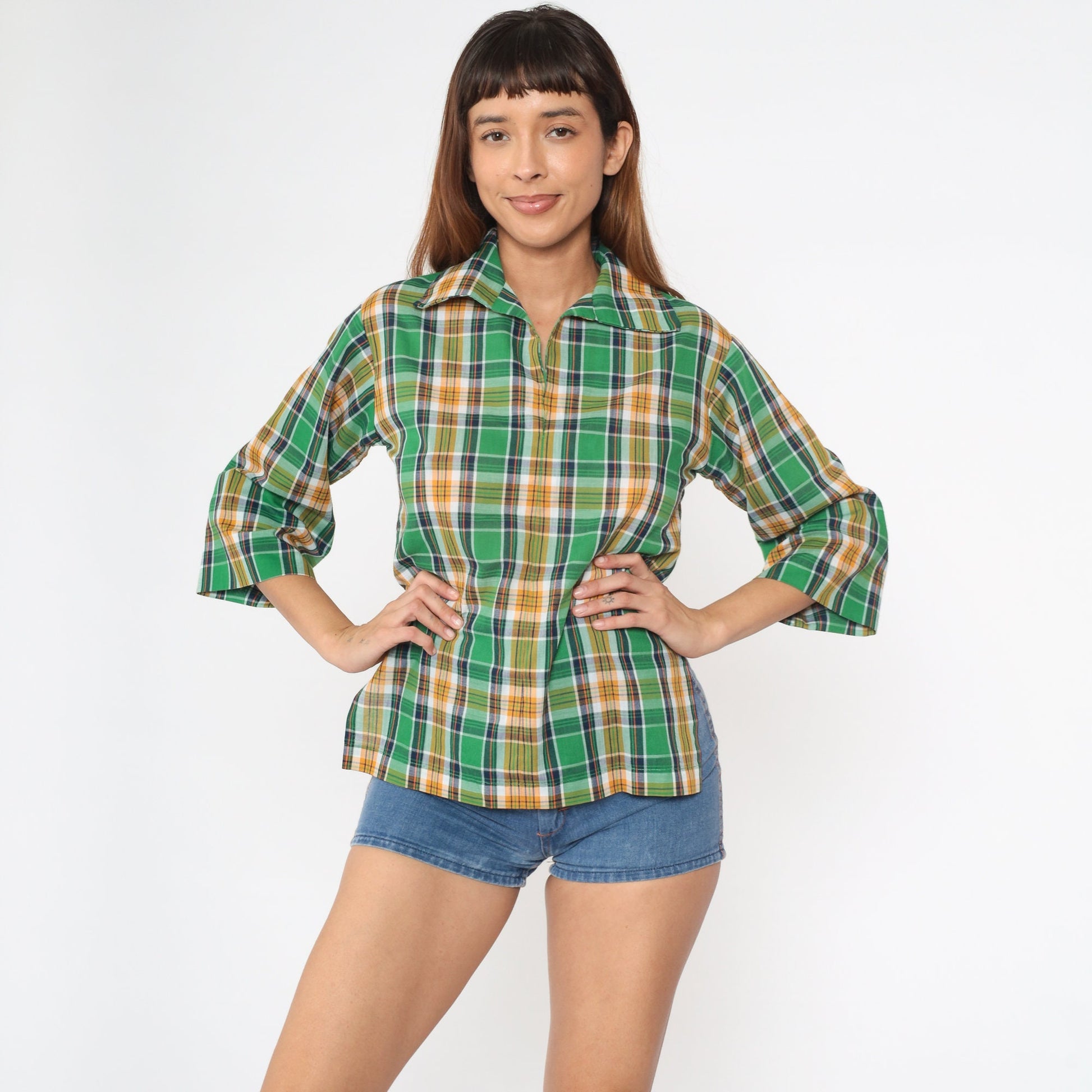 70s Green Plaid Tunic Blouse 3/4 Sleeve Collared Shirt Small