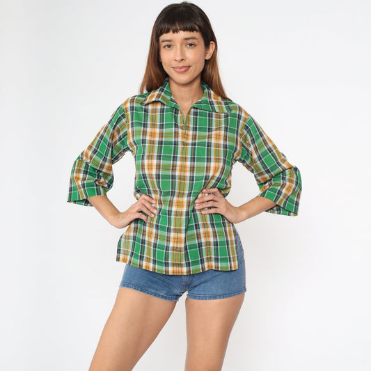 70s Green Plaid Tunic Blouse 3/4 Sleeve Collared Shirt Small
