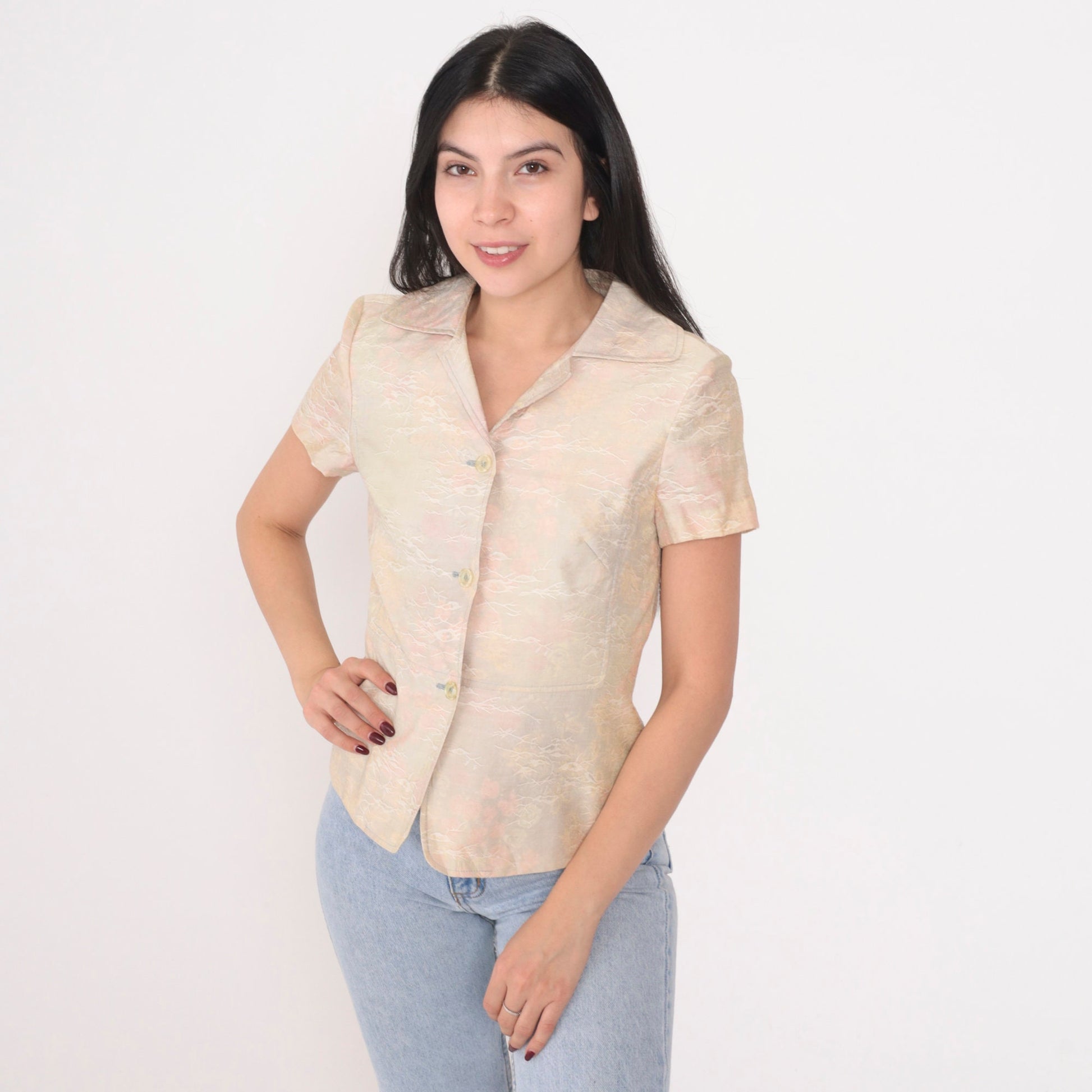 Y2K Watercolor Floral Button-Up Blouse Pastel Abstract Print Short Sleeve Small
