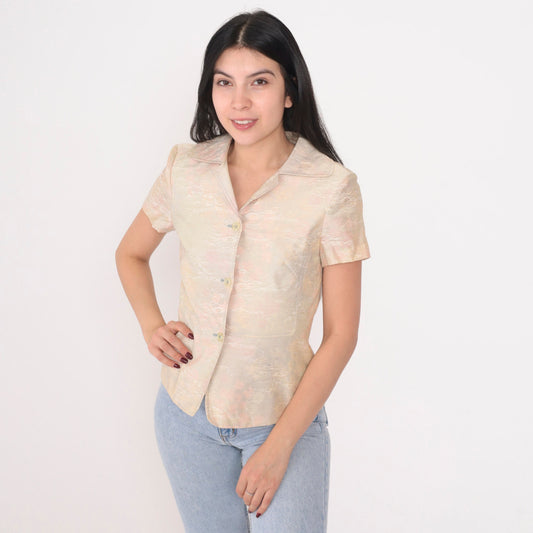 Y2K Watercolor Floral Button-Up Blouse Pastel Abstract Print Short Sleeve Small