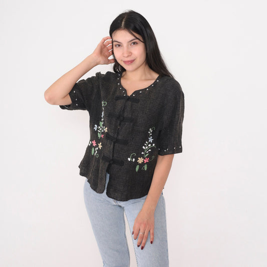 90s Floral Embroidered Dark Grey Button-Up Blouse Short Sleeve Small