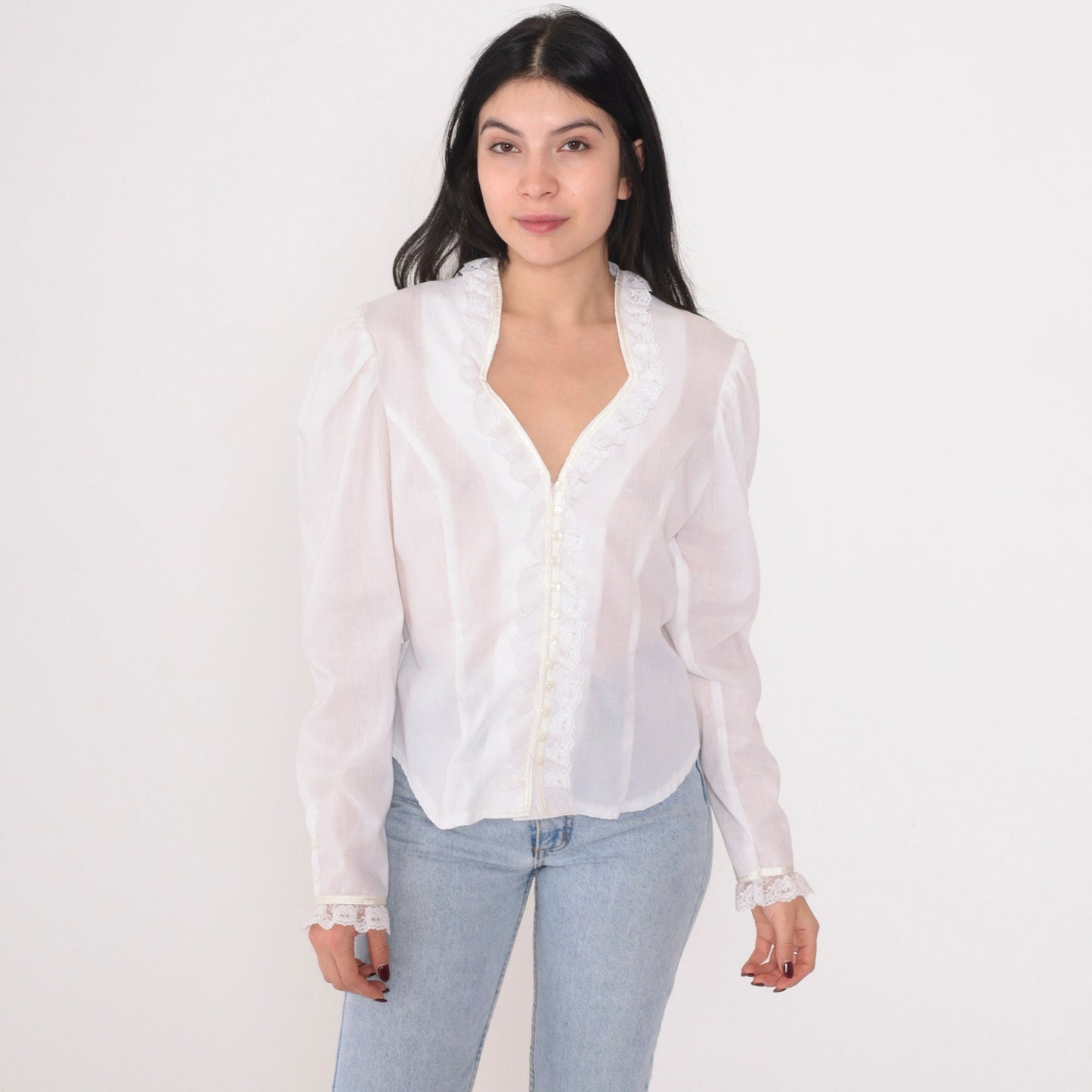 80s White Semi-Sheer Button-Up Blouse Lace Trim Puff Sleeve Medium