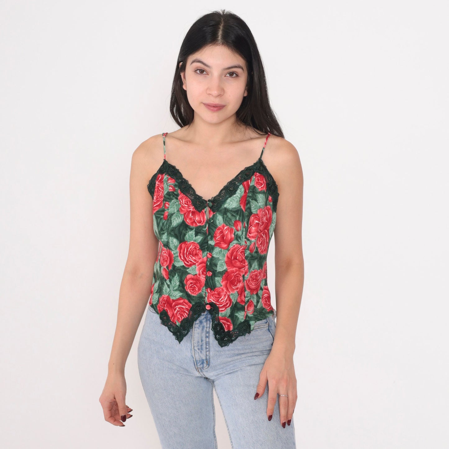 90s Victoria's Secret Floral Camisole Lace Trim Button-Up Small S