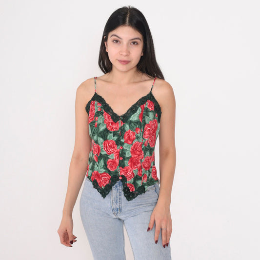 90s Victoria's Secret Floral Camisole Lace Trim Button-Up Small S