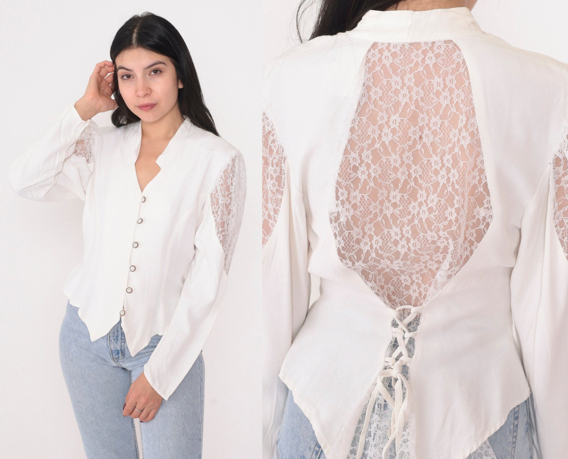 90s Vanity USA White Lace Blouse Puff Sleeve Button Up Small S